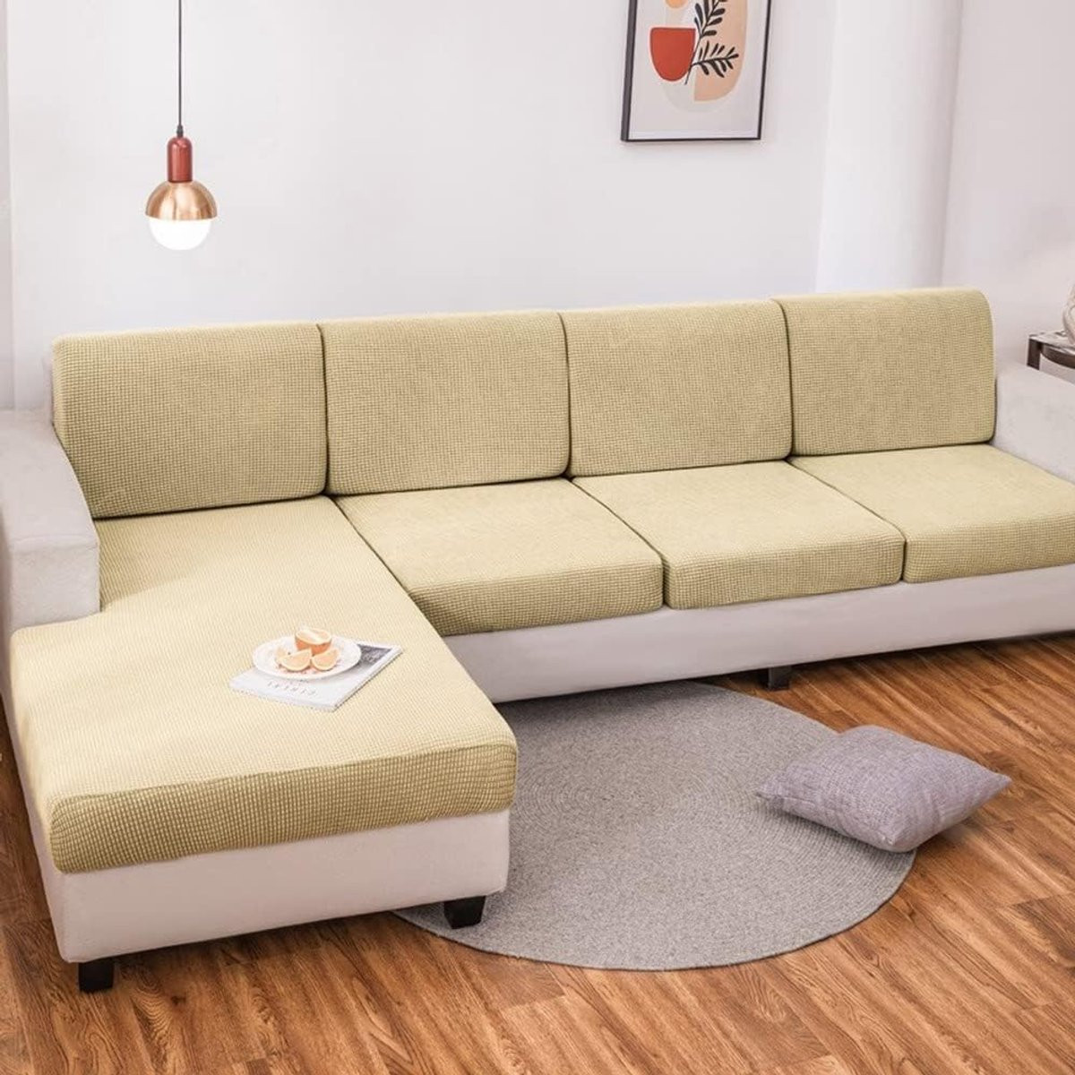 Elastische Jacquard Bankhoes voor L-vormige Sofa - Beige