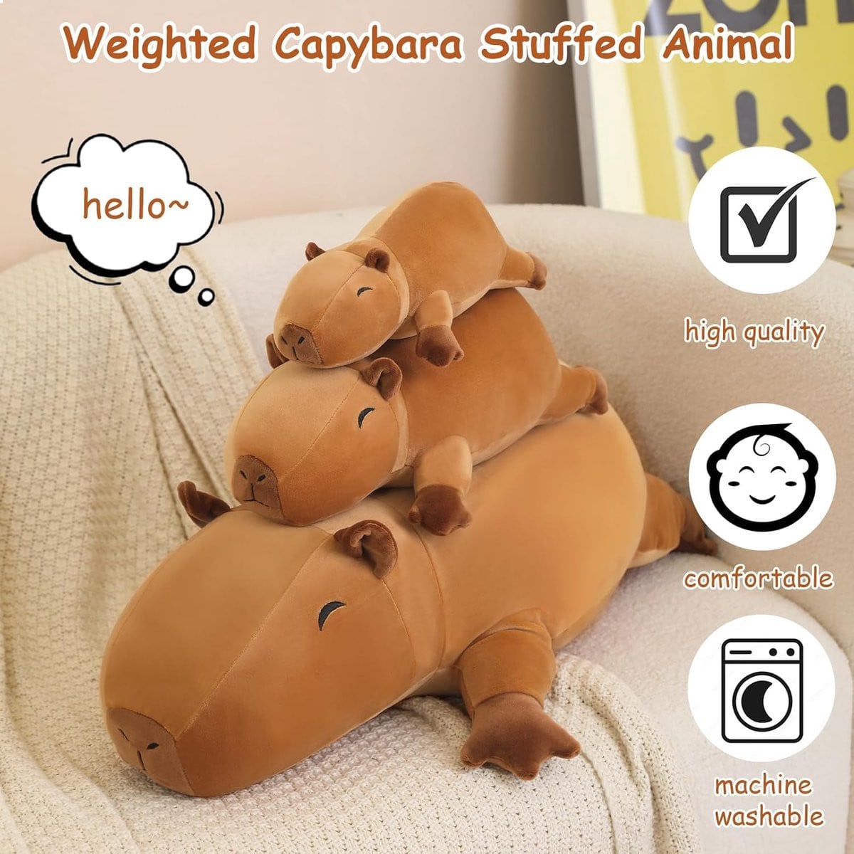 Gewogen Capibara knuffeldier van pluche voor angstvermindering, 35 cm