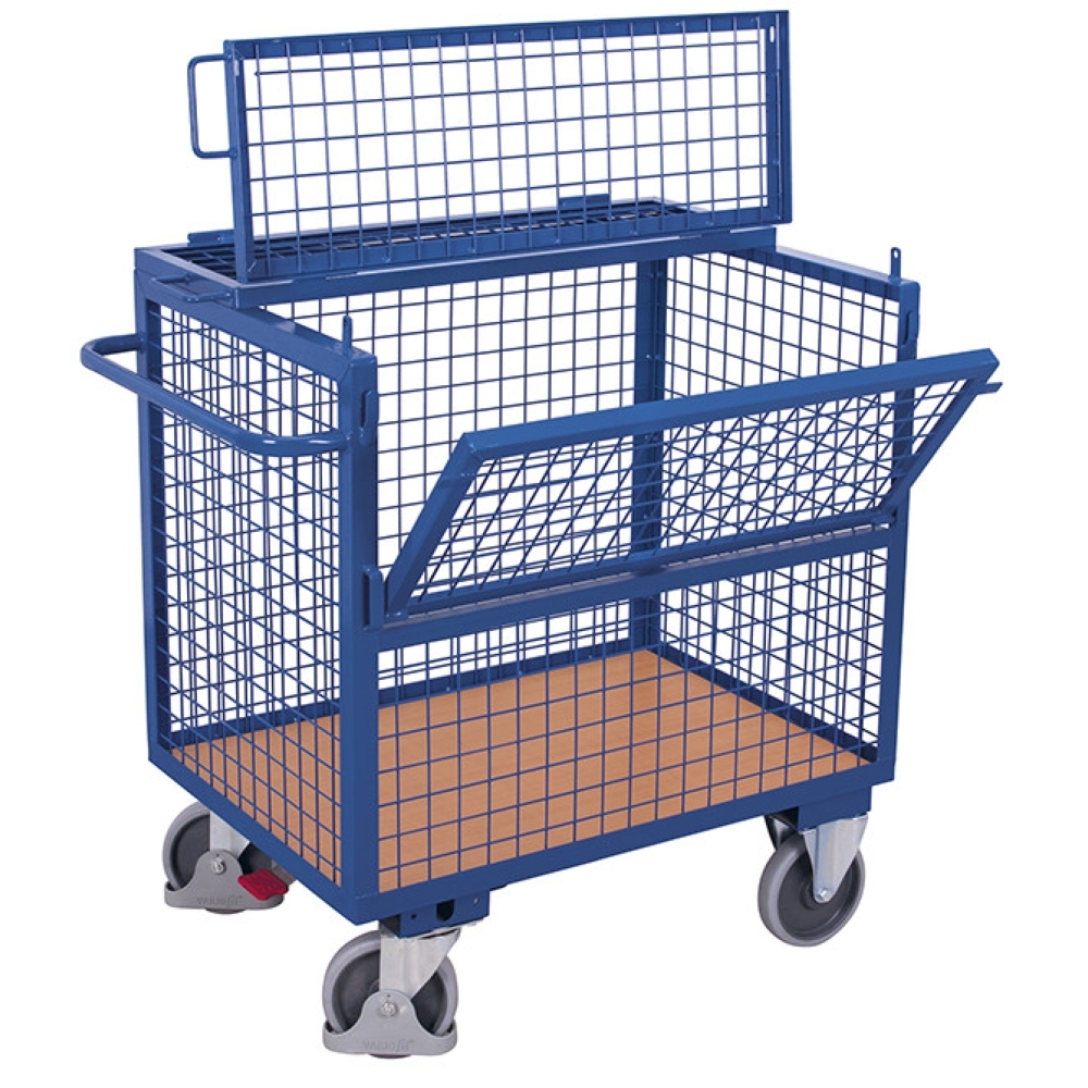 VARIOfit Holzkastenwagen fest verschweißt mit Deckel und halb abklappbarer Längswand 975x680mm Enzianblau RAL 5016