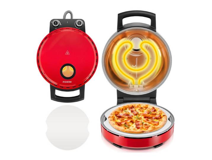 FOHERE Pizzaofen Heizt bis zu 400℃ mit feuerfestem Pizzastein ⌀32cm & 5 Heizstufen, 1500W, Rot