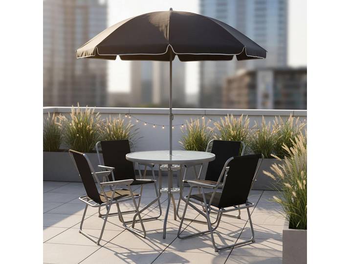 Gardenson Gartentischgruppe, Schwarz, Metall, Kunststoff, Glas, rund, Stühle klappbar, Gartenmöbel, Gartentisch