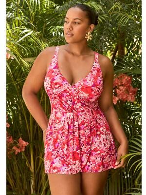 Plus Size Women's Lightweight Faux Wrap Petal-Hem Swimdress by Swimsuits For All in Coral Blooms (Size 10)