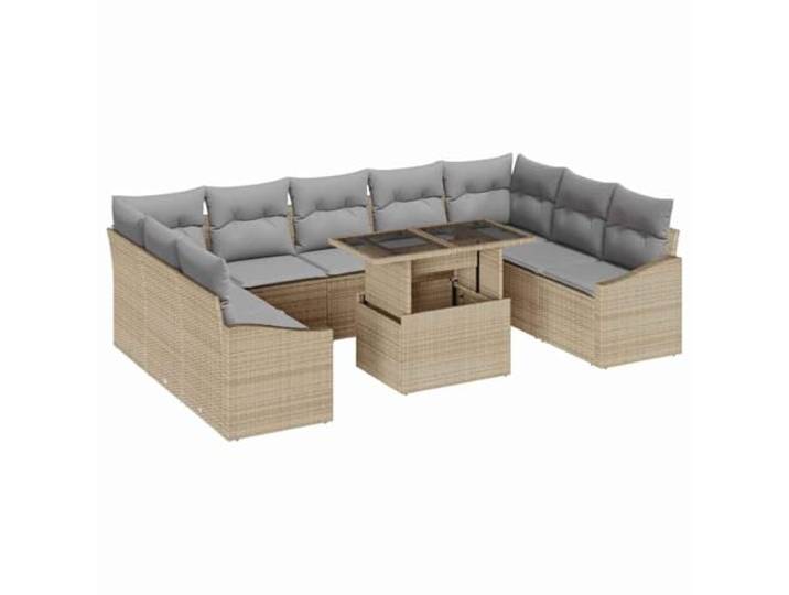 ZQQLVOO Sofa Set 10 STK. Beige Hellgrau Poly-Rattan Modulare Sitzmöglichkeiten, Sicherheitsglas-Tischplatte, abnehmbare Polyester-Kissen, pulverbeschichtete Stahlteile,