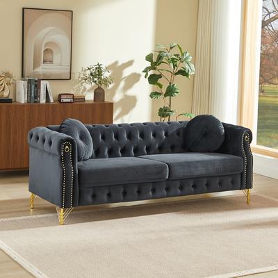 Loedds 82-Inch Velvet Chesterfield Sofa with Tufted Detail & Pillows & Nailhead Trim