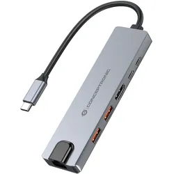 Conceptronic Dock 6-in-1 USB-C->HDMI,2xUSB-A,USB-C,GbE (USB-C, 6 Ports), Dockingstation + USB Hub, Grau