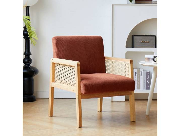 Fauteuil de salon en cannage et tissu terracotta