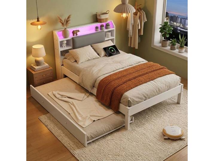 Lit gigogne - WESTYLE - Lit gigogne - 140x200 cm - LED intégrée - Ports USB & rangements