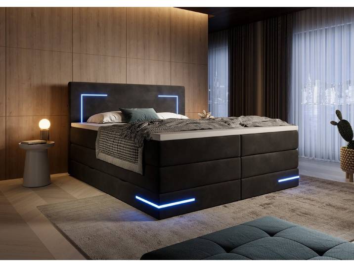 wonello Boxspringbett Detroit, Samt Bett mit LED Beleuchtung, Bettkasten und Topper