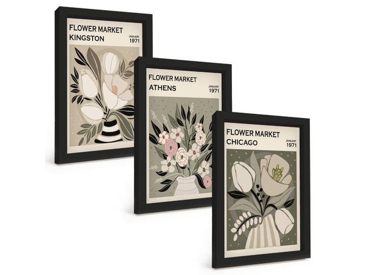 Tulup Bilder SET 3er Set - 20x30 cm Schwarzer Rahmen - Retro-Blumenarrangements, Kunststoff, Rechteckig, 20x30 cm, Fotografie, Bilder & Rahmen, Bilder