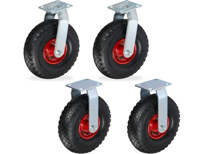 Relaxdays 2x Bockrolle + 2x Lenkrolle Set, luftbereiftes Schwerlastrad, 3.00-4, Transportrollen 120 kg, schwarz/rot