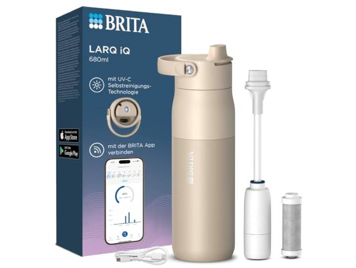 BRITA LARQ iQ Digitale Edelstahl Trinkflasche mit Wasserfilter (680 ml) Beige, Hydration Tracking (BRITA App), Strohhalm, Aktivkohle Filter, UV-C, neutralisiert 99,99% Bakterien, filtert PFAS