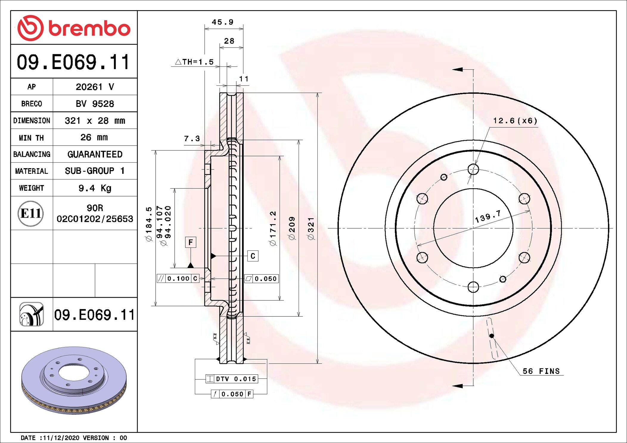 Brembo Bremsscheibe 09.E069.11 321mm 28mm Für Mitsubishi