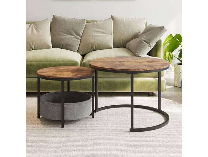 WOVREO Lot de 2 tables basses gigognes rondes style industriel metal marron antique avec poche de rangement
