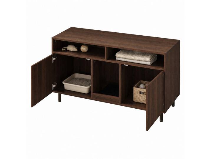 Stilvora Sideboard in Nussbaumfarben Katzentoiletten-Schrank mit Sandauffangmatte und Lagerbereich für Wohnzimmer, B120/T50/H66cm, Walnussfarben, Rechteckig,Rechteckig, Rundrohr, 120x66x50 cm, Kleinmöbel, Kommoden, Sideboards