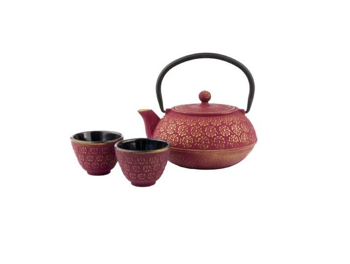 Teekanne BREDEMEIJER Shanghai 0.6 Liter, inkl. 2 Tassen , rot, 0,6 l, Gusseisen, Porzellan, Kannen, Teekanne, Tee-Set