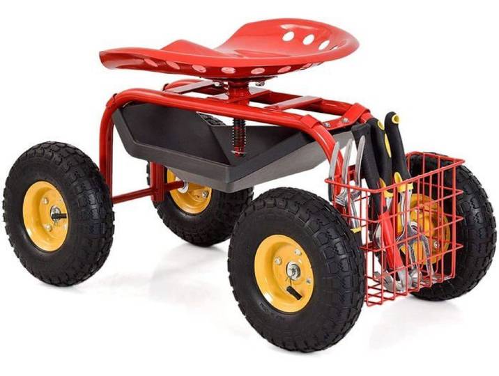 GOPLUS Tabouret de Jardin Roulant Pivotant à 360° Panier pour Outils Siège Travail Extérieur Hauteur Réglable Charge