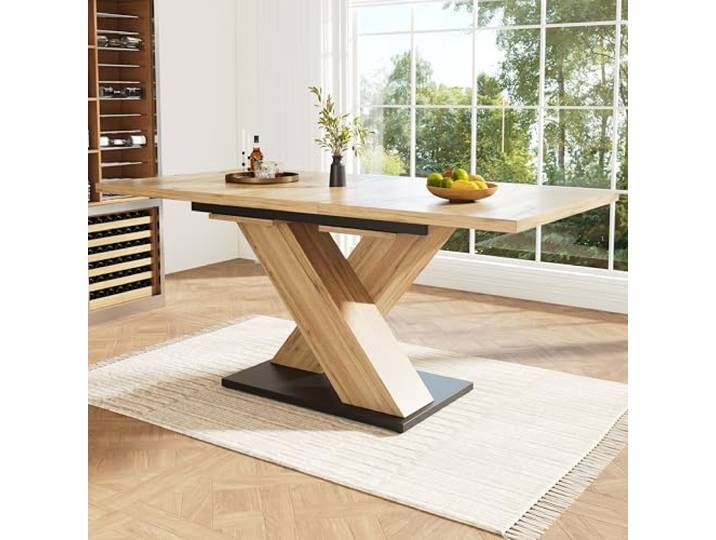 Merax Ausziehbarer Esstisch 119–158,5×80 cm, Teleskoptisch für 6–8 Personen, Küchentisch Holzoptik, Esstisch ausziehbar mit Kreuzbeinen für Küche & Wohnzimmer,Holzfarbe