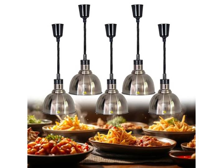 BOVDC Wärmelampe Küche Gastro, 250W Hängende(Edelstahl-25cm,5 Stück) Wärmelampe für Speisen, 19/25 cm Einstellbare Höhe Lebensmittel Wärmelampe Küche für Essen Buffets Esszimmer und Hotels