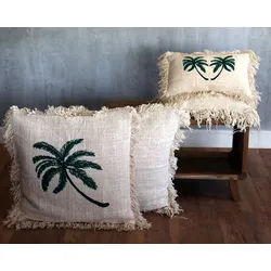 1x Linen Cushion 45 x 45 Palm Tree with Fringe