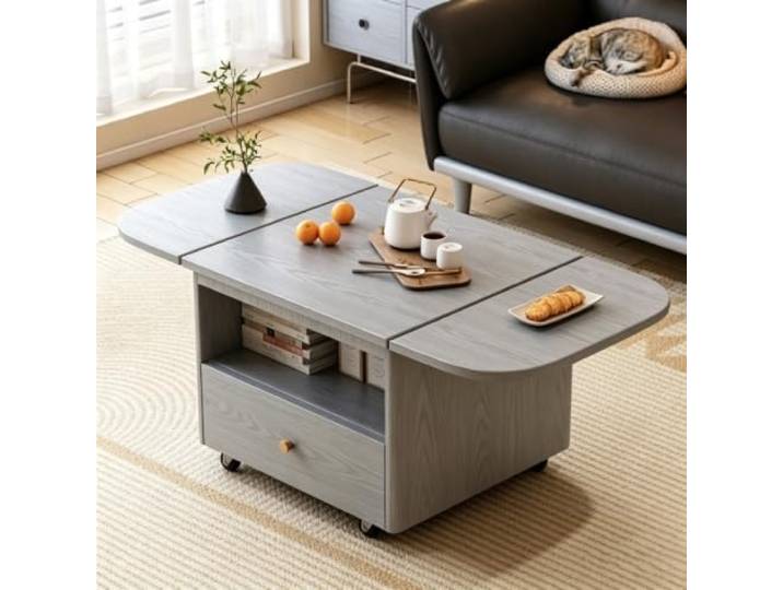 Massivholz Couchtisch mit klappbaren Seiten und Rollen für Wohnzimmer Gummiholz-Konstruktion, klappbare erweiterbare Platte, 360° Rollen, platzsparendes Design für Wohnzimmer & Wohnung(D)