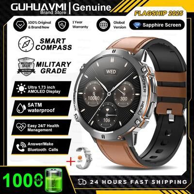 Inspired Living Rugged Military Grade Smartwatch With GPS, AMOLED Display & 10ATM Waterproof Power brown Leather