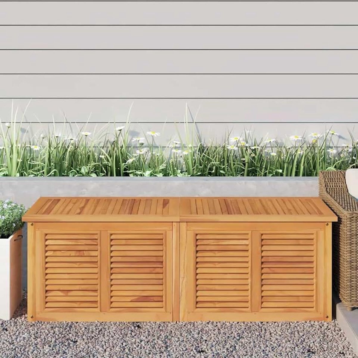 Opbergdoos voor de tuin van massief teakhout met tas, B/D/H: 150 x 50 x 53 cm