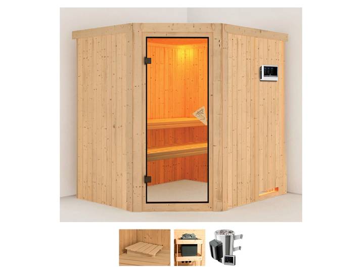Sauna KARIBU Laila , beige (naturbelassen), Saunaofen, externe Steuerung, 3,6 kW, Saunen, Sauna, Ofen 3,6 kW externe Strg.easy