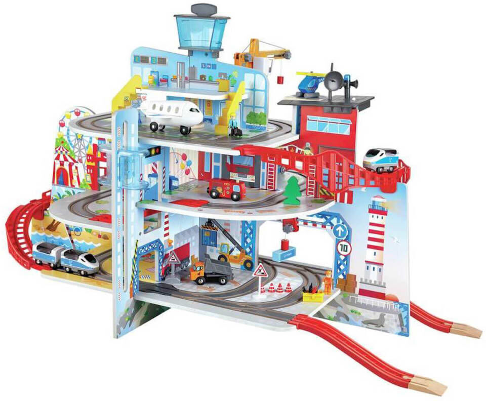 Hape Circuit de train sur 3 niveaux avec grue montagne urbaine Rouge 65x15x60cm