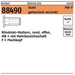 Nieten, Blindnietmutter R 88490 Flachkopf M 4 / 0,5 - 6,0 Stahl galvanisch verzinkt