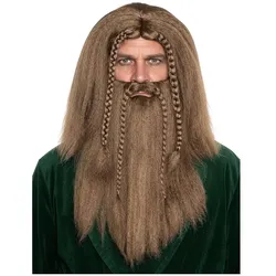 Metamorph Wikinger mit braunen Zöpfen Perücke & Bart