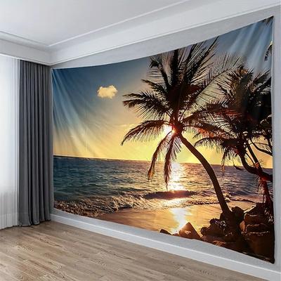 Wandteppich mit Sonnenuntergangsmotiv, Strand, Ozean, Wellen, Sonnenstrahlen, Naturlandschaft – Wandbild für Wohnzimmer, Yoga-Raum, Meditationsraum