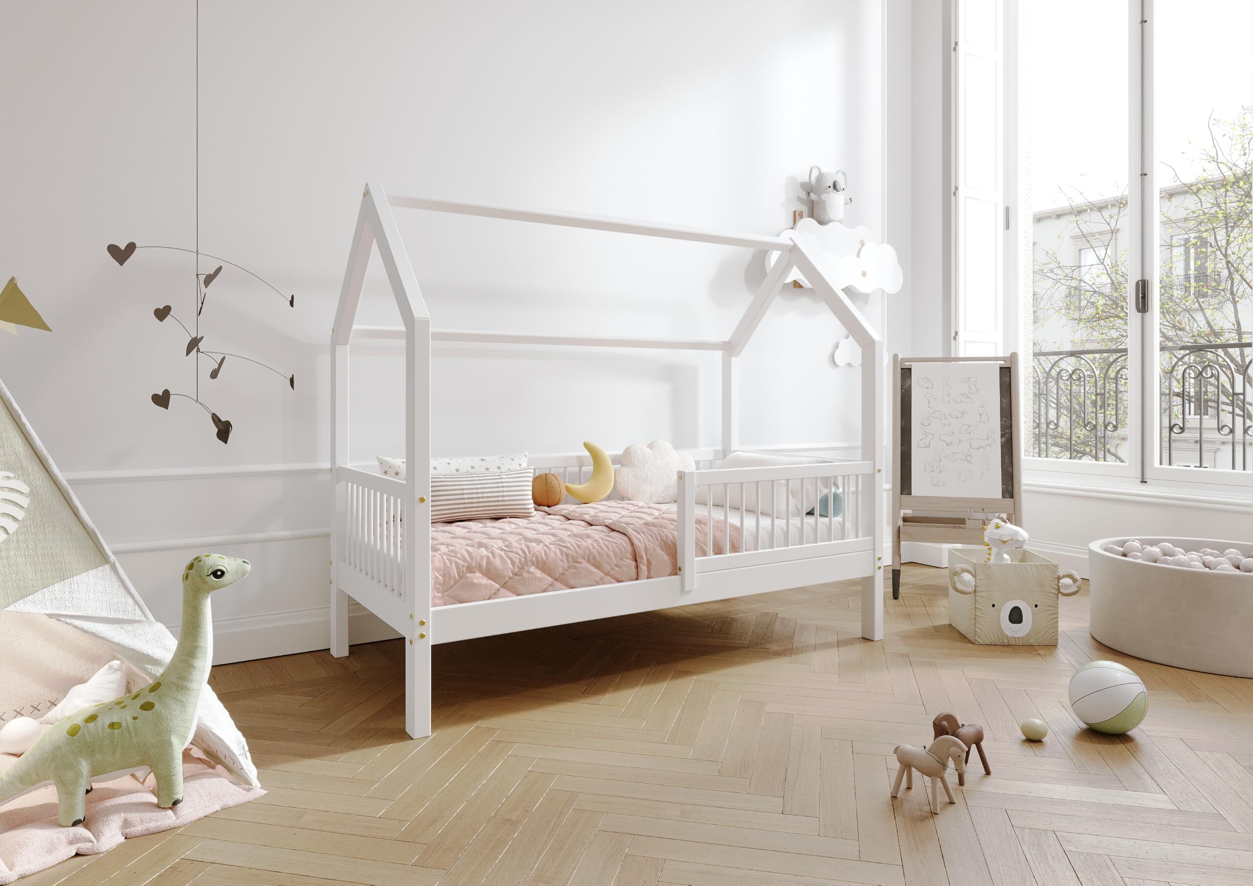 TIMBEE ZOJA Hausbett Kinderbett Holz Kinderzimmer Bett - Weiß - 90x200 - 23cm Beine