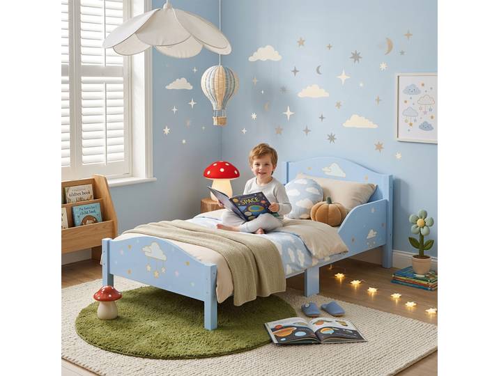 AIYAPLAY Lit Enfant 146x76.5cm Nuage Bleu Bords Anti-Chute