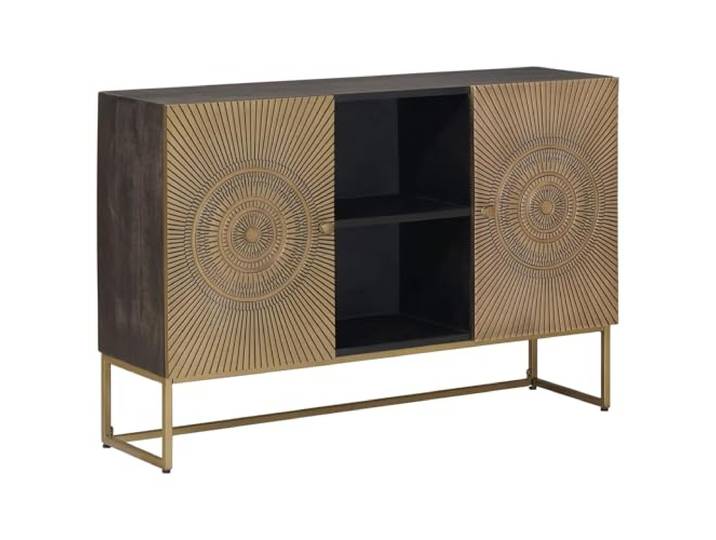 Makastle Sideboard für Wohnzimmer, 105 x 30 x 70 cm, Messing, Massives Mangoholz und Holzwerkstoff, mit 2 Türen und offenen Regalen