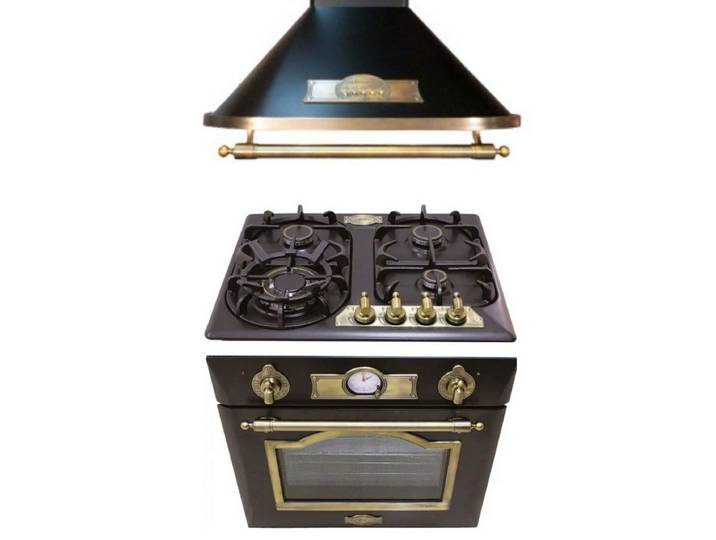 Kaiser Küchengeräte Backofen-Set Empire Design Einbaubackofen 60 cm Heißluft Drehspieß Rezepttabelle auf Panorama-Glas A6315+EH6355+KG6325, Katalytische, Retro Küchenset: Dunstabzugshaube, Gaskochfeld, Elektro Backofen 60 cm