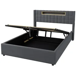 OKWISH Polsterbett Samt Dunkelgrau/Grau 140 x 200 cm mit LED, Stauraum und Ladeanschlüssen