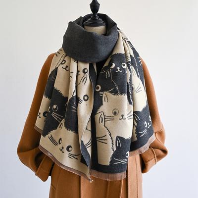 Inspire Daily Merch Cute Cat Cashmere Scarf Winter Warm Shawl New Fashion Brand Coldproof Windproof Blanket Scarf For Women gray