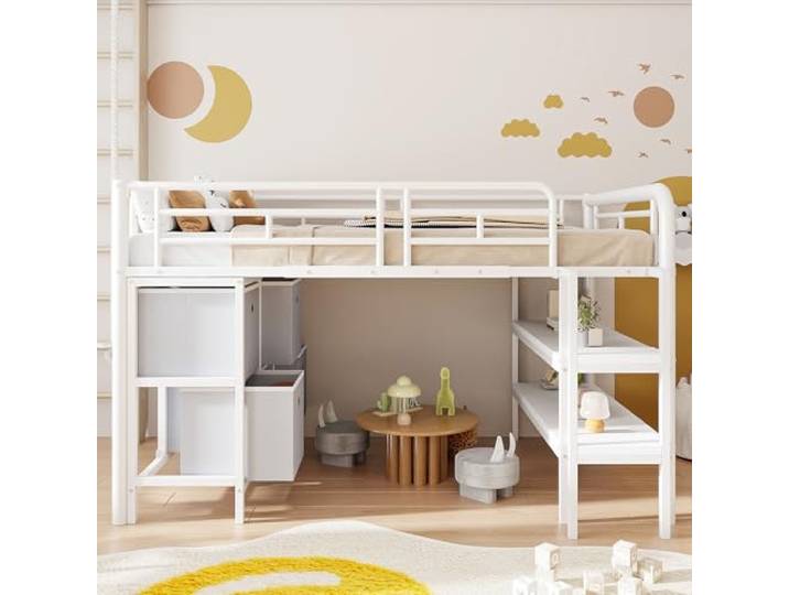Bellemave Niedrig-Hochbett 90x200cm,Kinderbett mit Schubladen,Metall Weiß Breite sichere Treppen-Stufen, abgerundete Schutzecken, belastbar bis 150 kg, integrierte Regale, ohne Matratze