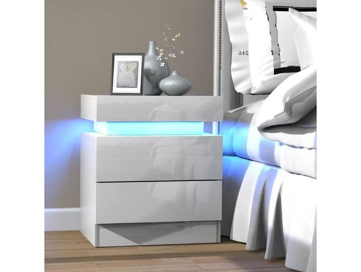 Table de chevet - VIVOLILV - 2 tiroirs - LED réglable - blanc brillant