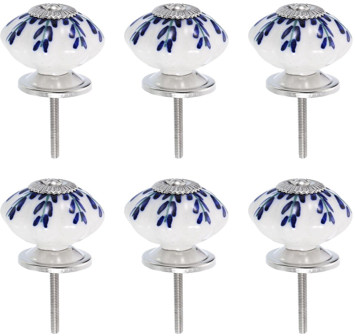 Set van 6 Vintage Ceramische Kastknoppen - Blauwe Willow Leaf Knoppen voor Meubels