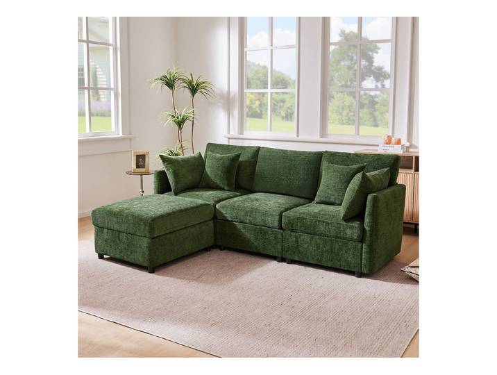STILVORA Ecksofa mit 4 Kissen L‑förmiges Loungesofa mit Hocker Chenille‑Stoff Grün, Relaxsofa mit Flexibles, modular aufgebautes Design, für Wohnzimmer, Büro und Apartment