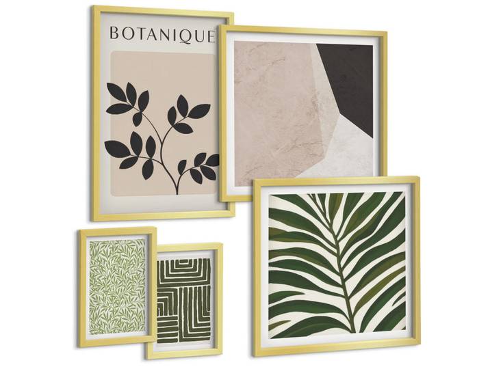 Tulup Bilder SET 5er Set - 50x50 cm & 20x30 cm & 40x60 cm Goldrahmen - Botanische Boho-Kompositionen, Goldfarben, Kunststoff, Rechteckig, 40x60 cm, gerahmt, Bilder & Rahmen, Bilder
