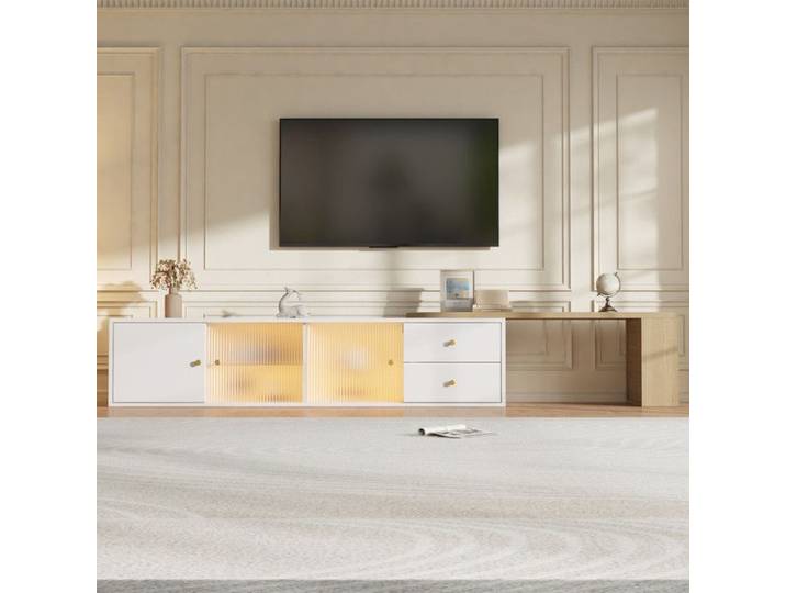 Comfyu - Meuble TV extensible 175x40x38 cm avec 2 tiroirs + 2 portes coulissantes en verre + 1 Porte éclairage LED Blanc