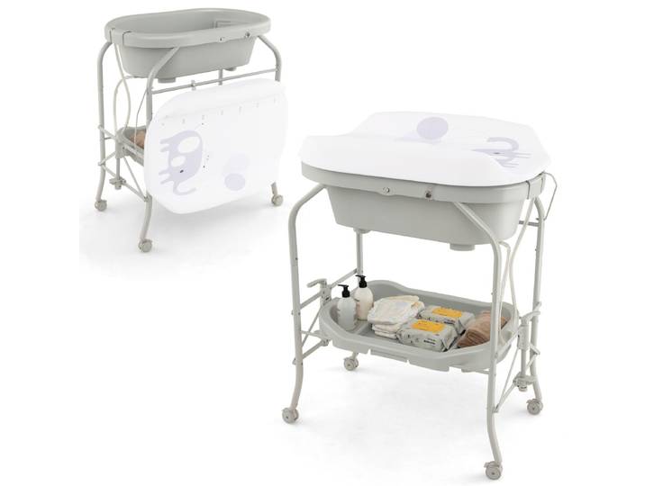 Verschoontafel met Bad Draagbare Babyverschoontafel met PVC-Kussen Badje Opberglade Opvouwbare Verschoontafel Grijs