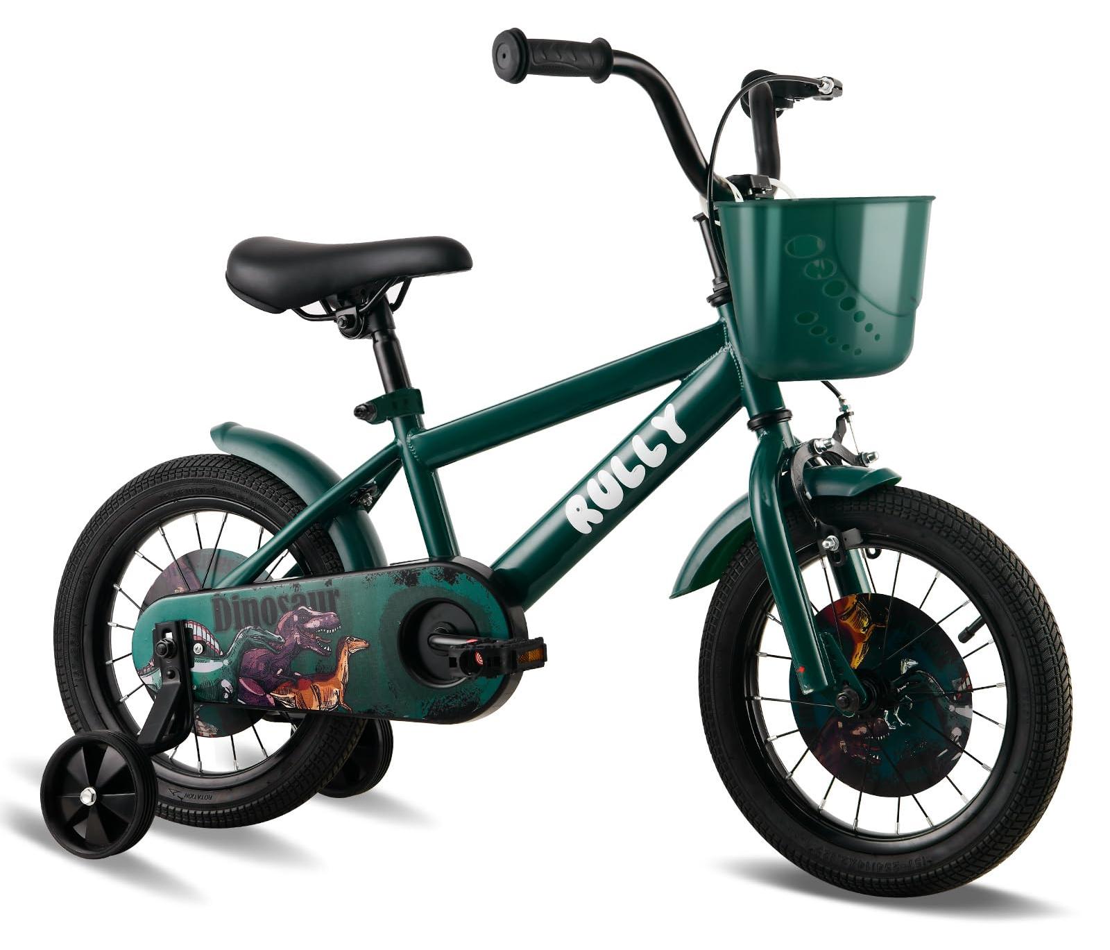 Kinderfahrrad 14 Zoll Dinosaur, Grün, mit Stützrädern und Korb