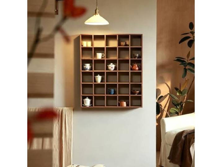 Blazea Tassenregal Wandregal für Teetassen und Untertassen Kaffeetassen-Organizer im Landhausstil mit Gittermuster, Dekorative Wandregale, Aufbewahrungsbox aus Holz für Sammlerstücke