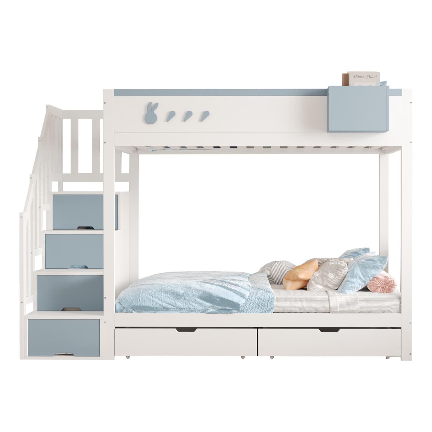 Etagenbett Kinderbett(Blau)Mit Kaninchen- und Karottenmotiven,Abnehmbarem Ablagefach, Sicherer Aufbewahrungsleiter,Schubladen,Lattenrost,Doppelbett