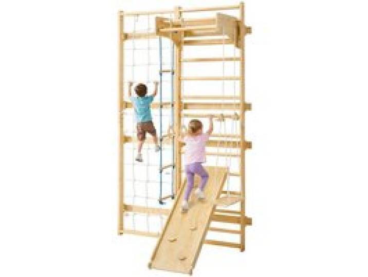 VEVOR Espalier en Bois Massif, Échelle Suédoise Murale 12 Niveaux, Charge 100 kg, 8-en-1 avec Planche d'Escalade, Anneaux de Gymnastique, Barre de Traction, Échelle Murale, Toboggan et Balançoire