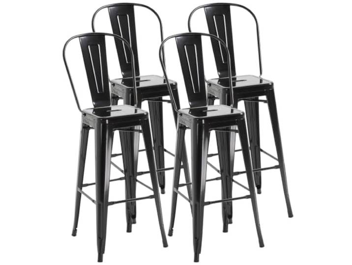 HOMCOM Lot de 4 Tabourets de Bar Empilable Dossier Repose-Pied Métal Noir Chaise de Bar Industriel\, Hauteur d'Assise 76 cm