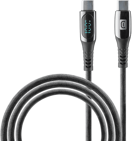 Cable USB C - CellularLine Display Cable, 100 W, Carga rápida, Con pantalla LCD, C, 200 cm, Negro